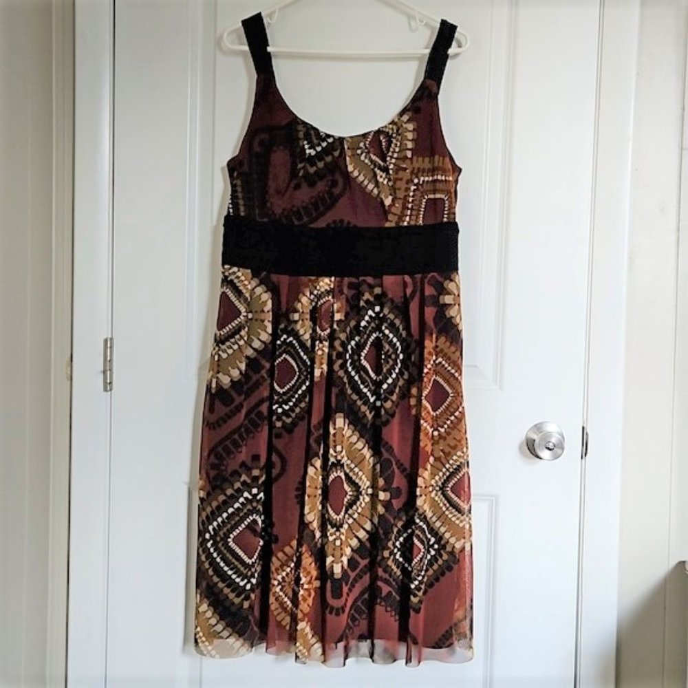 Sleeveless Patterned Dress R & M Richards Cool Size 14 Black Band & Straps T10